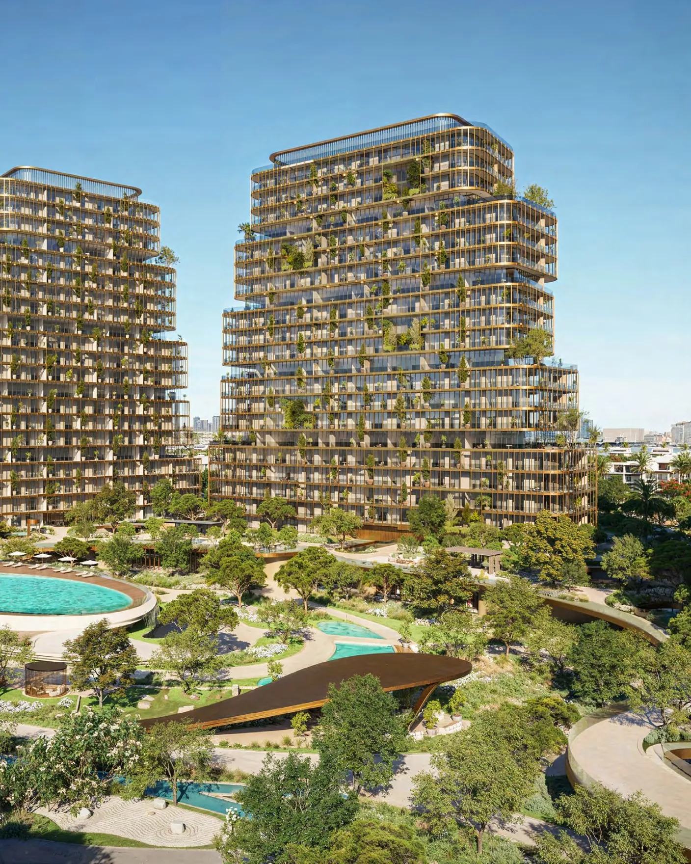 Terraced HADO towers with planted balconies rising above a garden pool