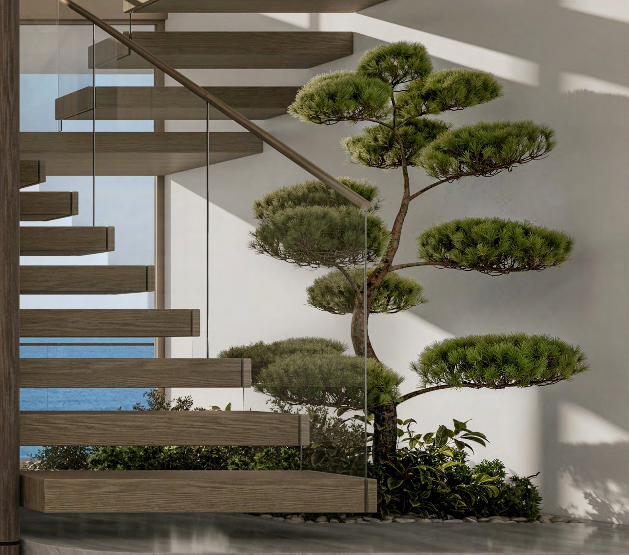 Floating oak staircase beside an indoor bonsai garden