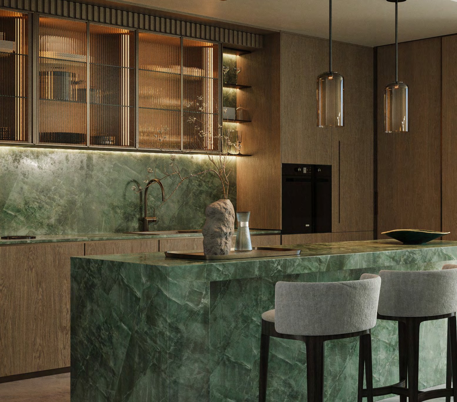Kitchen with green marble island, timber cabinets and glass pendants