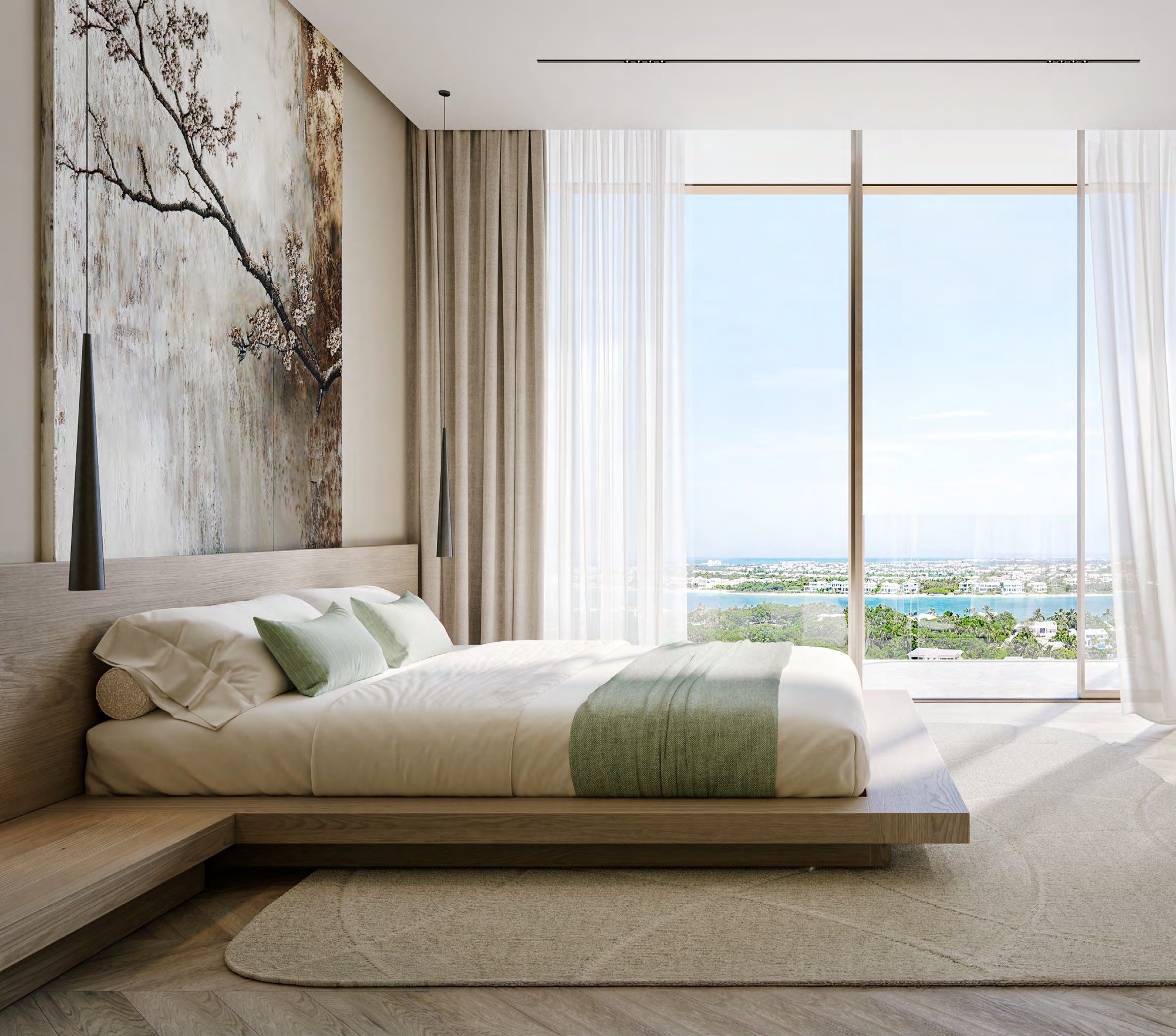 Low timber bed facing tall windows over the cove