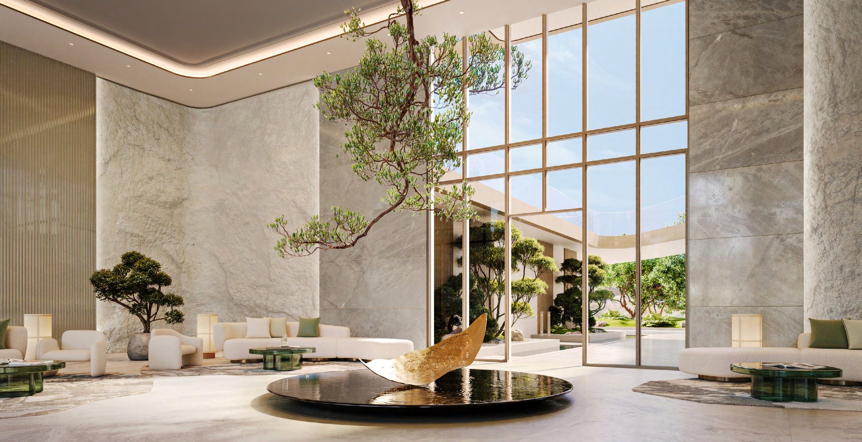 Lobby with stone walls, suspended tree and sculpture over a still pool
