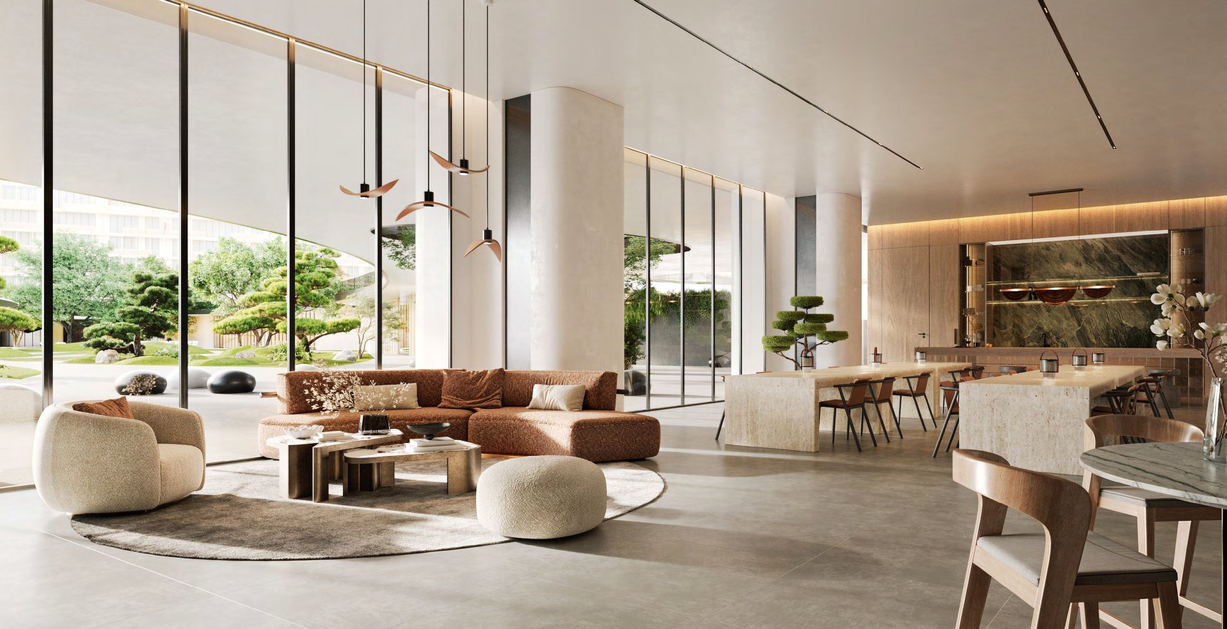 Chef's kitchen lounge with travertine tables and garden views